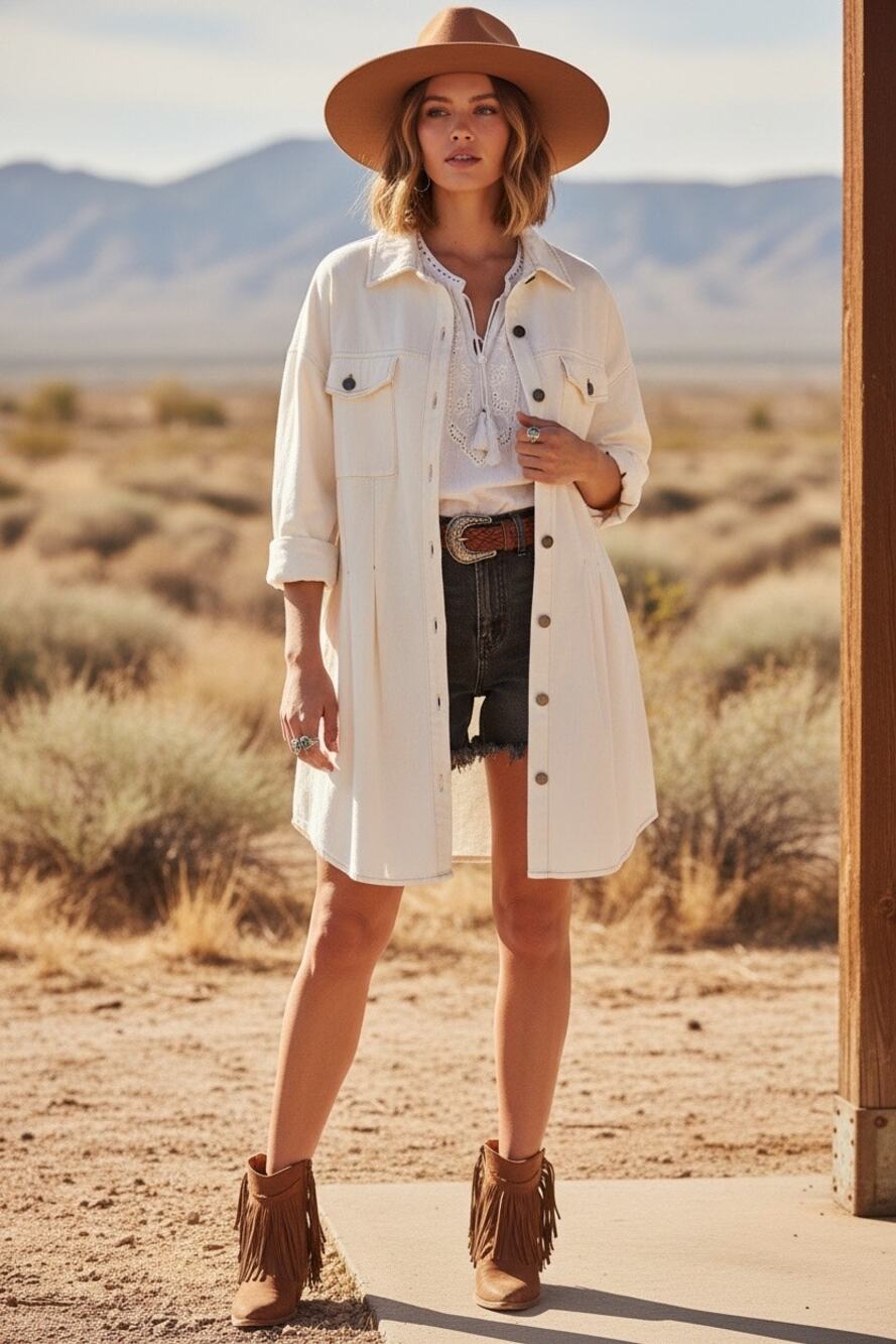Arula Long Cream Duster Jacket Blazer Pockets Diane Keaton Western Rodeo Boho